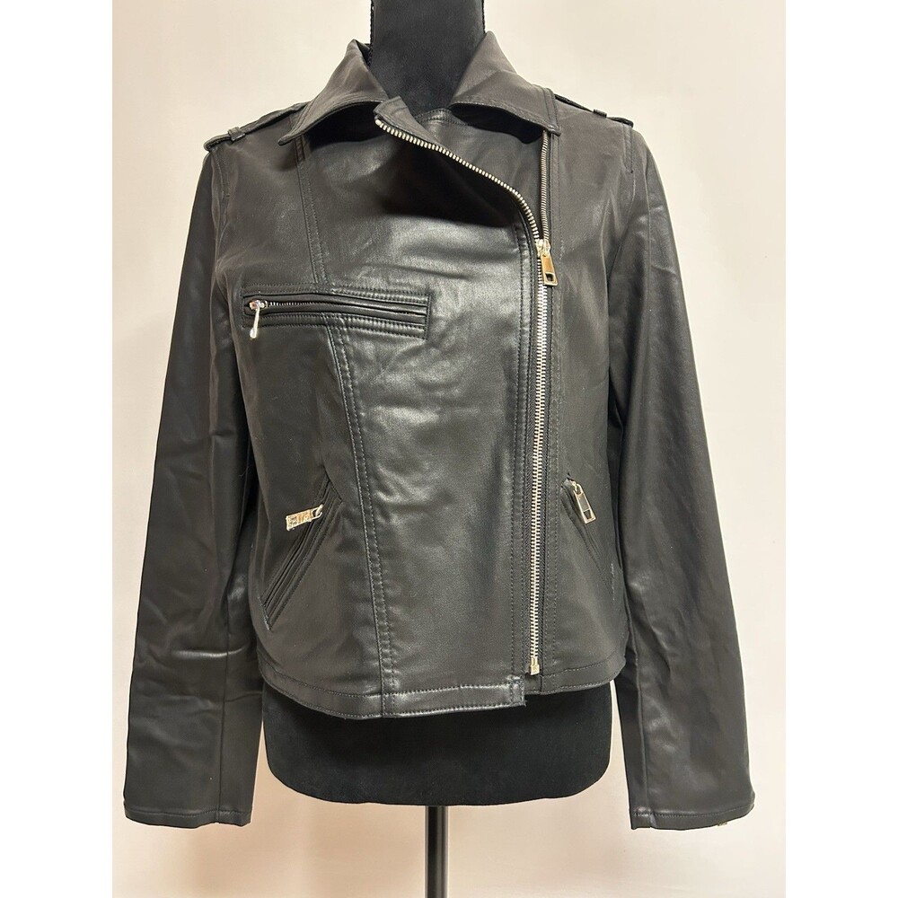 White House Black Market Women Sz M Black Coated Moto Jacket NWT